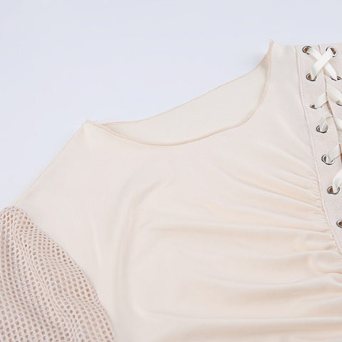 Skin-asymmetrical-fishnet-patchwork-folds-lace-up-short-sleeve-top-7