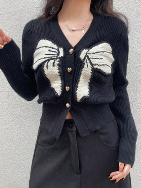 black-bow-patched-knitted-cardigans-buttons-up-cute-sweater-1
