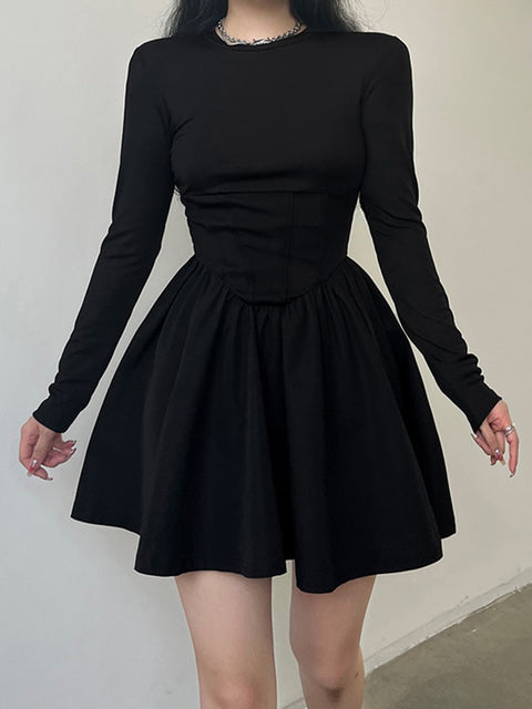 long-sleeve-corset-black-solid-basic-o-neck-pleated-slim-elegant-dress-3