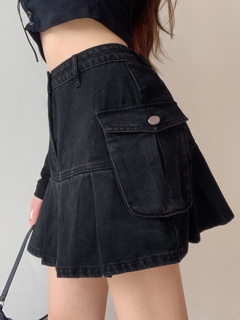 cargo-style-black-high-waist-denim-mini-solid-pockets-casual-pleated-skirt-2
