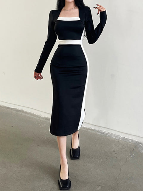 elegant-stripe-patchwork-bodycon-black-midi-long-sleeve-dress-4