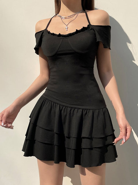 casual-halter-frill-folds-balletcore-gothic-slim-three-layer-summer-short-dress-2