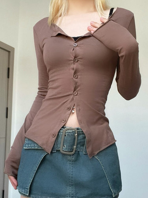 casual-skinny-brown-basic-long-sleeve-buttons-up-slim-solid-sexy-spring-top-1