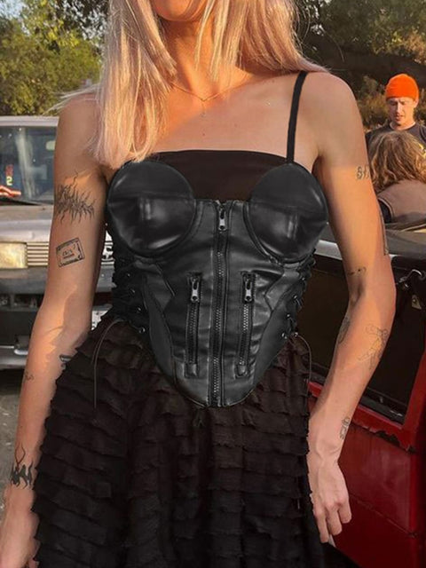 streetwear-punk-zipper-black-pu-leather-camis-sexy-lace-up-club-party-bandage-top-1