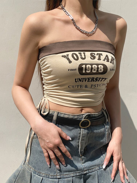 khaki-drawstring-strapless-tube-letter-print-mini-vest-top-3