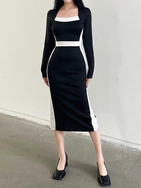 elegant-stripe-patchwork-bodycon-black-midi-long-sleeve-dress-3