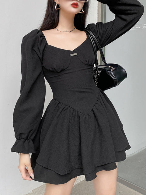 puff-sleeve-black-corset-pleated-sexy-double-layer-ruched-dress-3