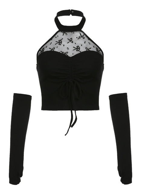 pieced-mesh-hanging-neck-sleeve-covers-drawstring-pleated-corset-backless-tops-5