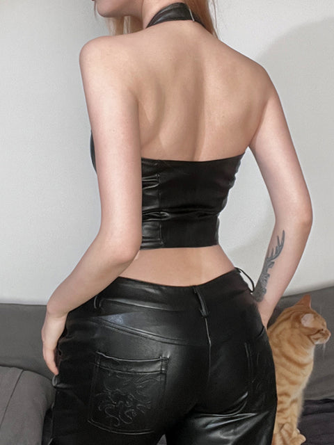 punk-black-sexy-halter-neck-leather-skinny-backless-top-7