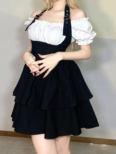 gothic-black-white-pleated-gown-corset-ruffles-halter-dress-5