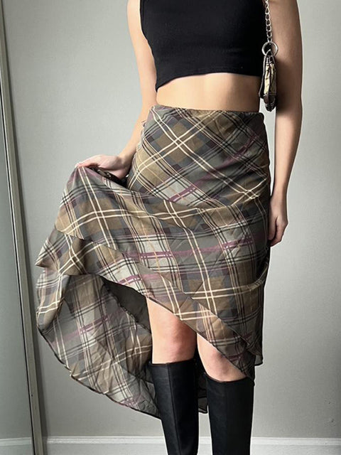 brown-high-waist-chiffon-print-double-layer-skirt-2