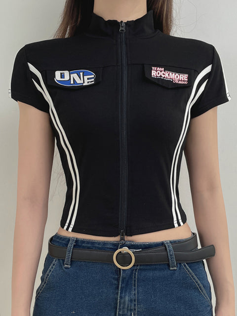 black-skinny-stripe-letter-zip-up-short-sleeve-top-1