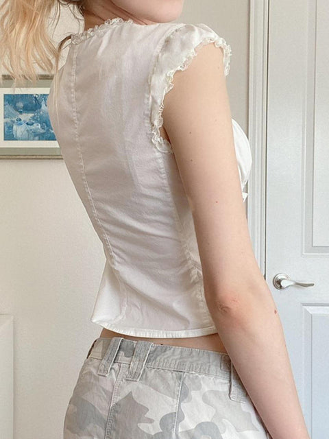white-round-neck-pleated-lace-up-short-sleeve-top-3