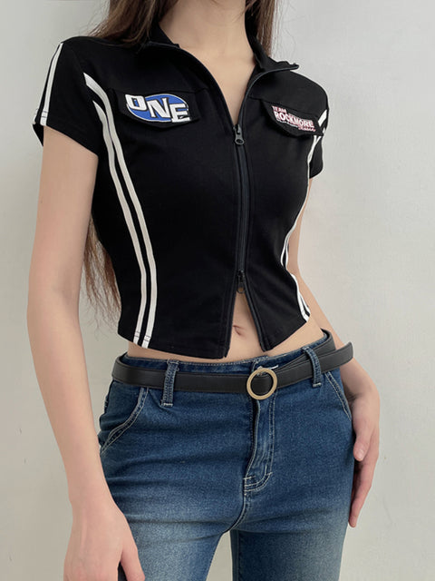 black-skinny-stripe-letter-zip-up-short-sleeve-top-2